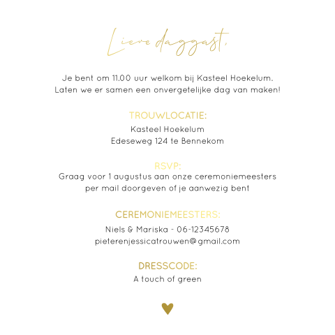 Pocketfold trouwkaart inlegkaart daggast kalkpapier goudfolie