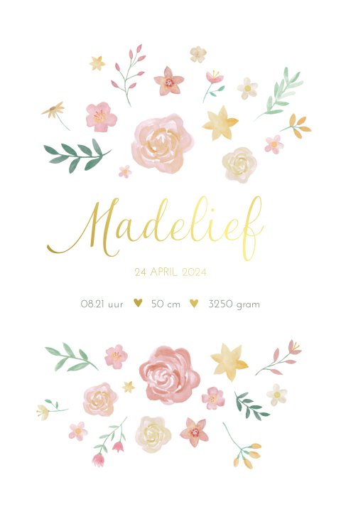 Geboorteposter meisje romantisch met bloemen en goudfolie - Madelief