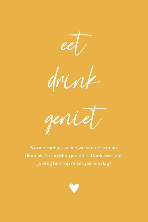 Tafelkaartje bruiloft diner okergeel modern hartje