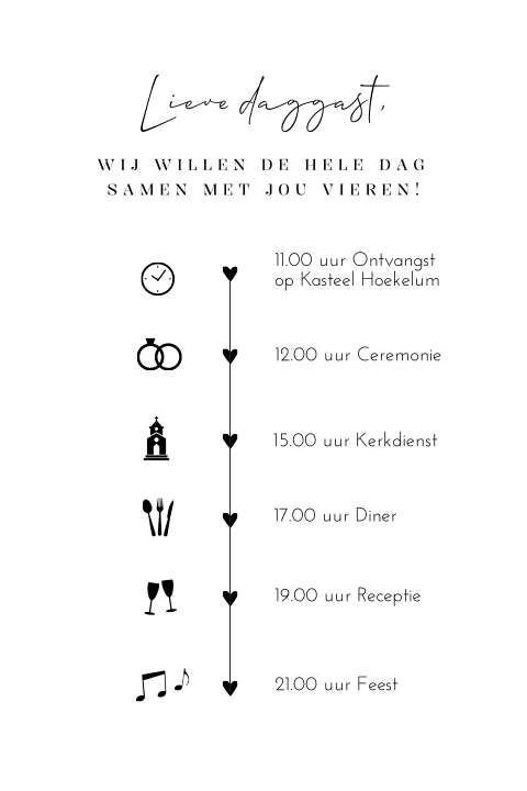 Trouwkaart dagprogramma modern zwart wit tijdlijn