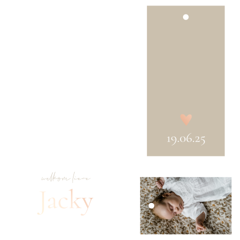Geboortekaartje labelkaart neutraal beige foto label rosefolie