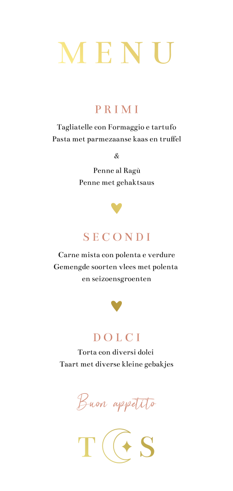 Menukaart bruiloft goudfolie italian boho