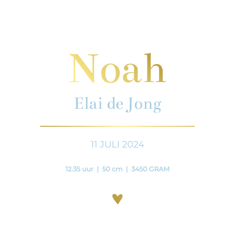 Geboorteposter jongen lichtblauw met goudfolie - Noah