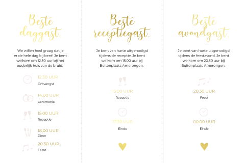 DIY-labels trouwkaart dagprogramma met iconen en goudfolie
