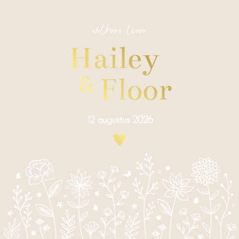 Geboortekaartje tweeling beige met bloemen en goudfolie