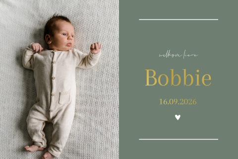 Geboortekaartje jongen modern groen met foto en goudfolie