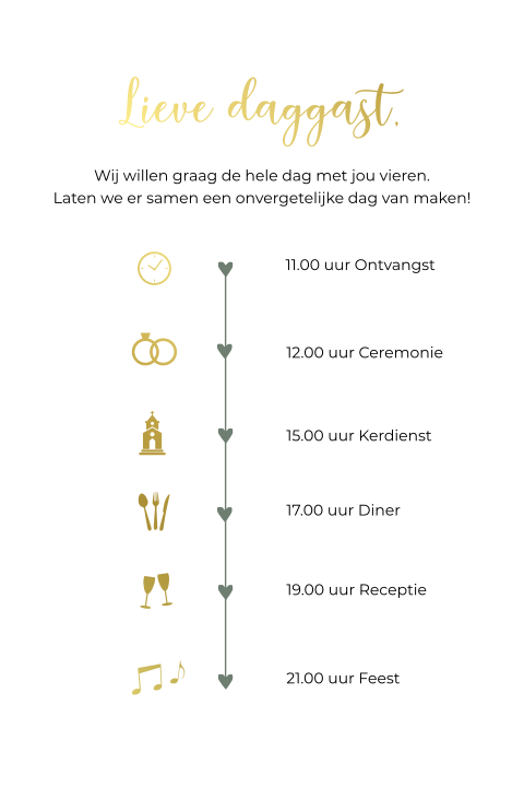 Trouwkaart kalkpapier dagprogramma goudfolie tijdlijn