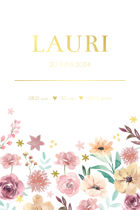 Geboorteposter meisje bloemen goudfolie - Lauri