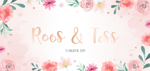 Geboortekaartje tweeling - gekleurde watercolor bloemen & rosefolie