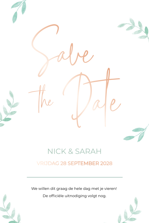 Save the date kaart takjes rosefolie mintgroen botanisch