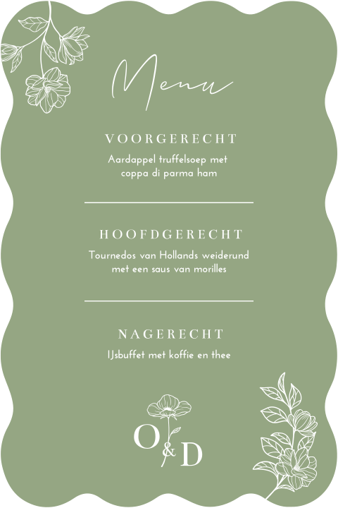 Menukaart bruiloft stans golf bloemen groen