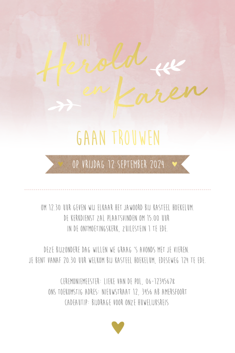 Trouwkaart watercolor lichtroze met goudfolie