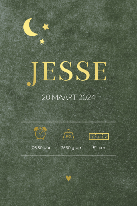 Geboorteposter jongen velvet groen goudfolie - Jesse