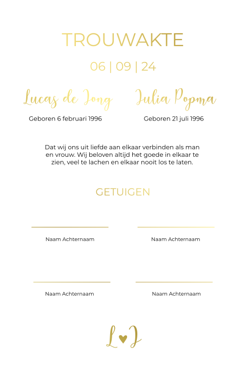 Trouwakte bruiloft ceremonie Golden Lettering