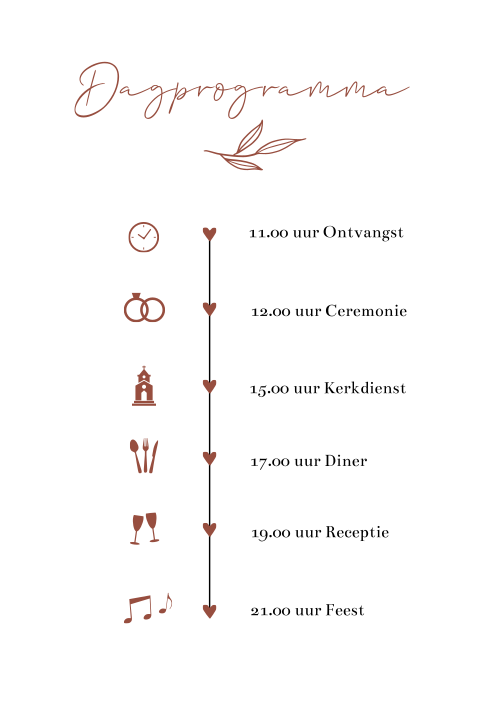 Dagprogramma trouwkaart romantisch tijdlijn rood