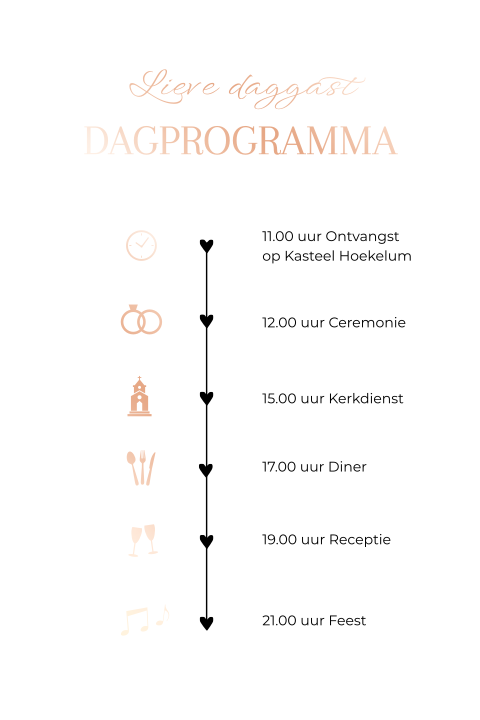 Trouwkaart kalkpapier dagprogramma tijdlijn rosefolie