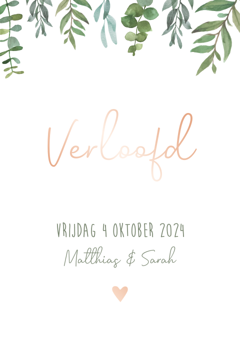 Verlovingskaart olijfgroen rosefolie eucalyptus takjes