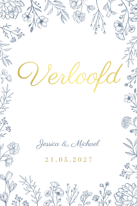 Verlovingskaart goudfolie blauw bloemen Elegant Bloom