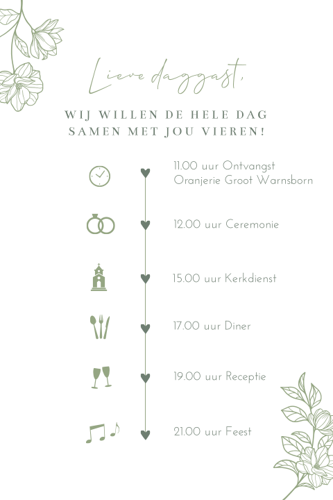 Trouwkaart dagprogramma bloemen groen tijdlijn