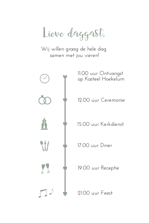 Trouwkaart dagprogramma modern groen tijdlijn icoontjes daggast