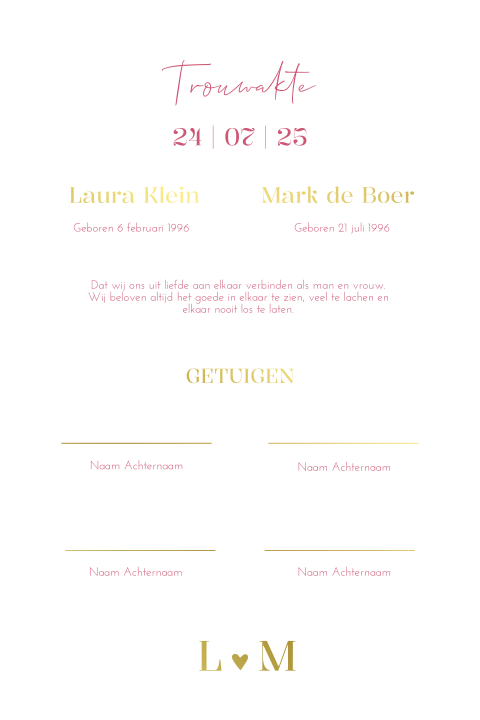 Trouwakte bruiloft ceremonie Pink Promise