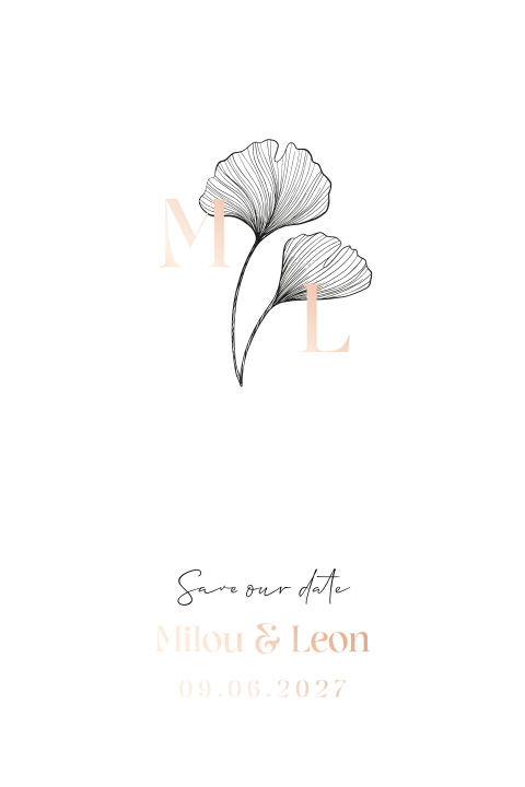 Save the date kaart trouwlogo ginkgo rosefolie