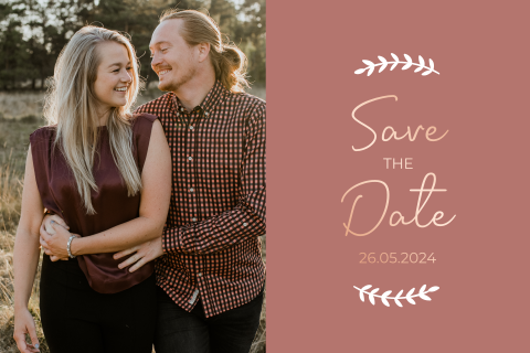 Save the date kaart roest met foto loveshoot, takjes en rosefolie