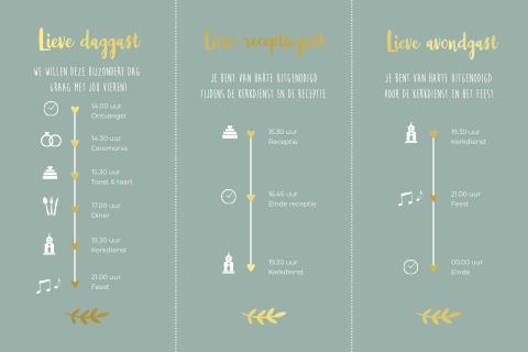 Trouwkaart dagprogramma goudfolie daggast tijdlijn programma