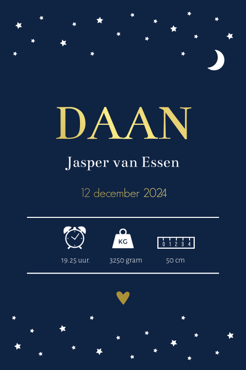 Geboorteposter jongen donkerblauw met sterren en goudfolie - Daan