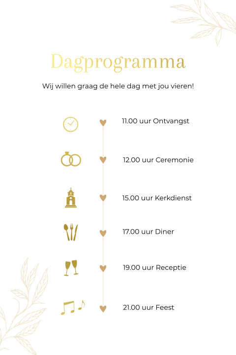Dagprogramma trouwkaart klassiek wit blaadjes goudfolie
