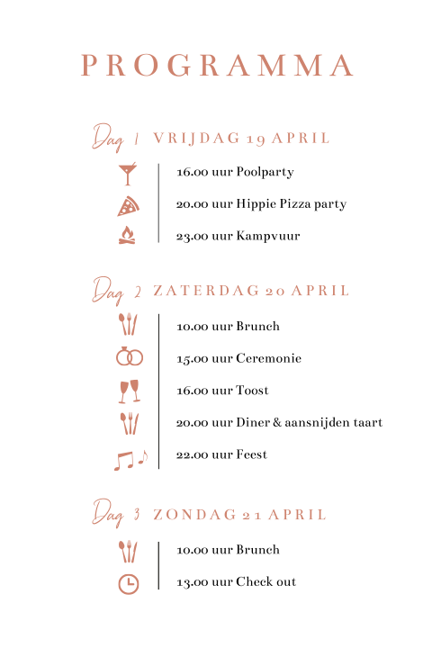 Trouwkaart dagprogramma bruiloft weekend tijdlijn