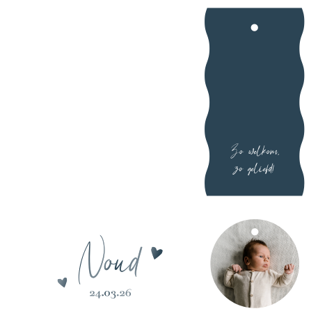 Geboortekaartje labelkaart jongen blauw met foto en hoogglans lak