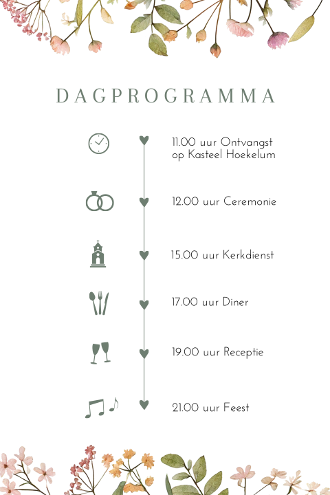 Trouwkaart dagprogramma pastel bloemen
