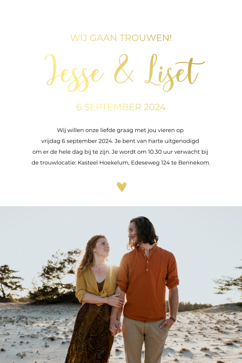Trouwkaart met foto loveshoot en goudfolie