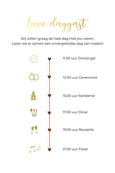 Trouwkaart inlegkaart kalkpapier dagprogramma goudfolie tijdlijn