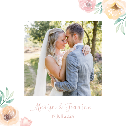 Bedankkaart bruiloft bloemen roze foto
