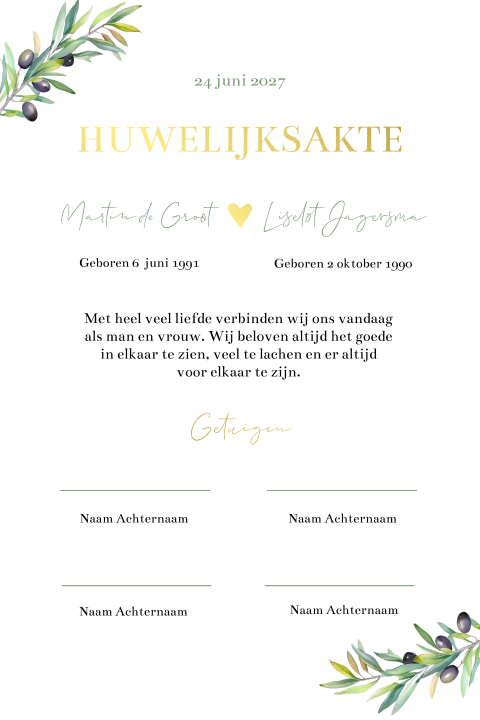 Trouwakte bruiloft ceremonie Olive & green