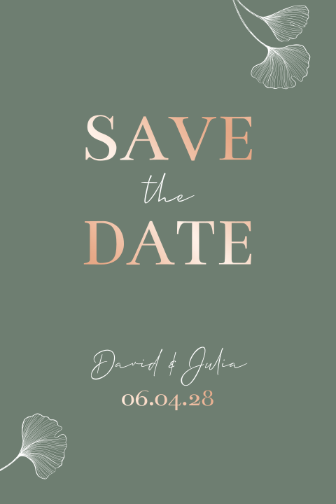 Save the date kaart groen ginkgo bladeren
