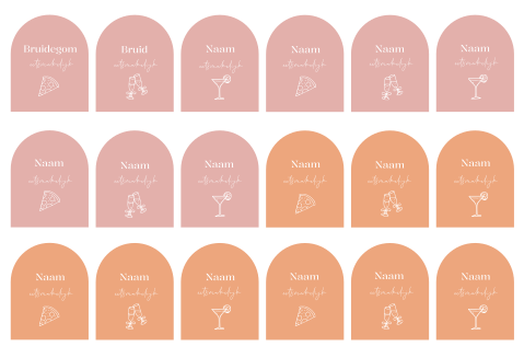 Naamkaartjes bruiloft boogvorm roze oranje