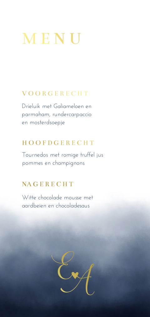 Menukaart bruiloft watercolor donkerblauw goudfolie