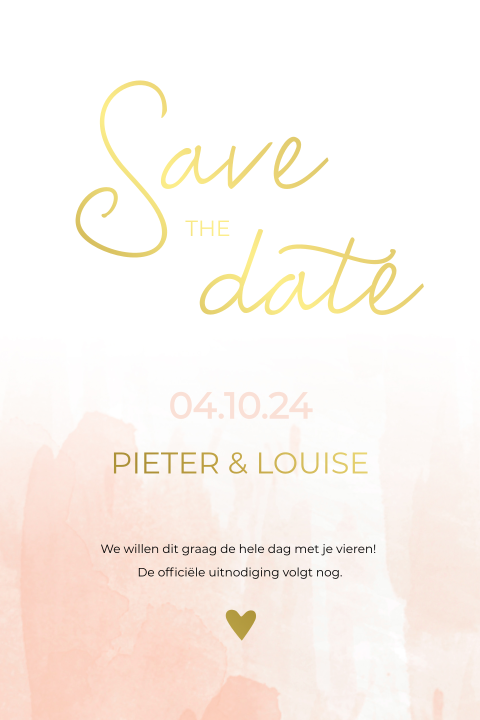 Save the Date kaart peach watercolor met goudfolie