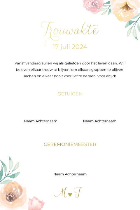 Trouwakte bruiloft ceremonie Flowers watercolor