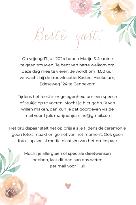 Ceremoniemeester kaart bloemen en hartje met goudfolie
