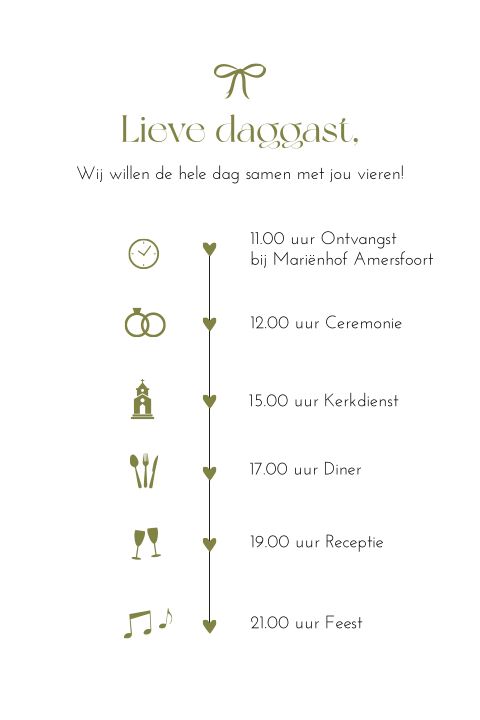 Trouwkaart dagprogramma stijlvol groen strikje