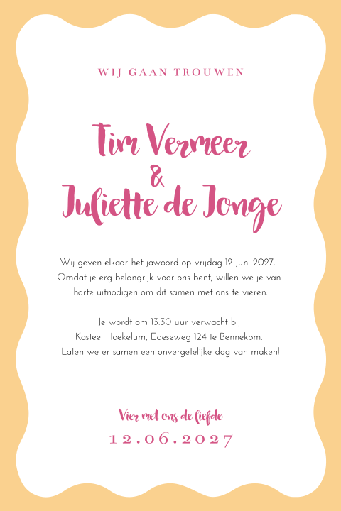 Trouwkaart modern golf geel roze lint