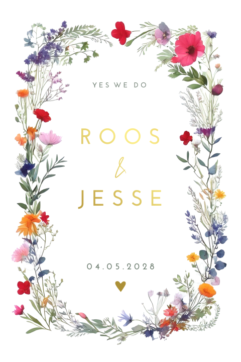 Trouwkaart romantisch wildflowers met goudfolie