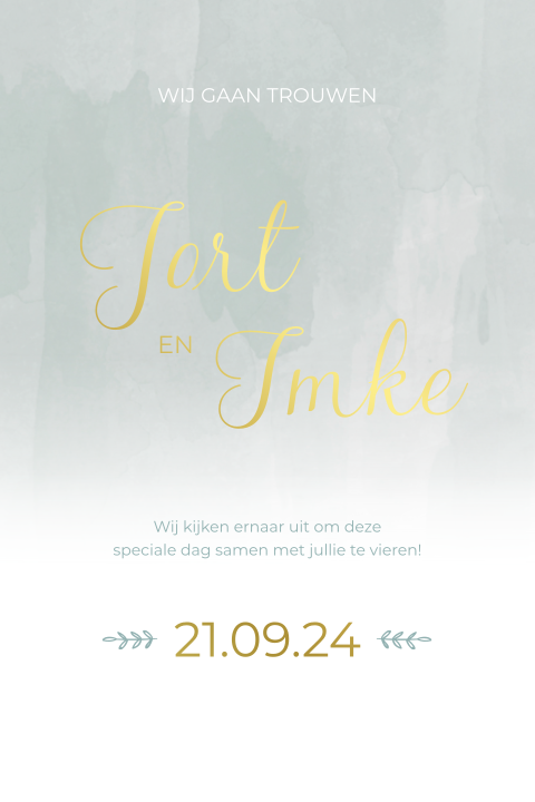 Trouwkaart watercolor mintgroen met takjes en goudfolie