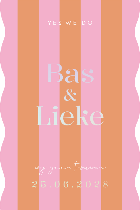 Trouwkaart golf modern roze oranje holografisch