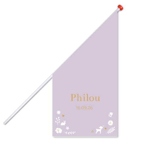 Geboortevlag klein geboortekaartje Philou lila bloemen dieren
