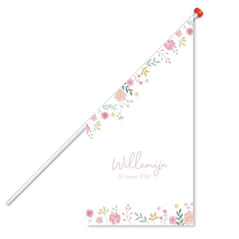 Geboortevlag klein geboortekaartje Willemijn romantische bloemen